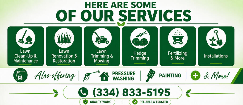 Hard Hitter Hospitality Lawn Care & Property Services Hard Hitter Hospitality service banner showcasing lawn clean-up, maintenance, mowing, hedge trimming, fertilizing, installations, pressure washing, painting, and more for Mobile, Daphne, Fairhope, and surrounding areas including 36605, 36526, and 36532.