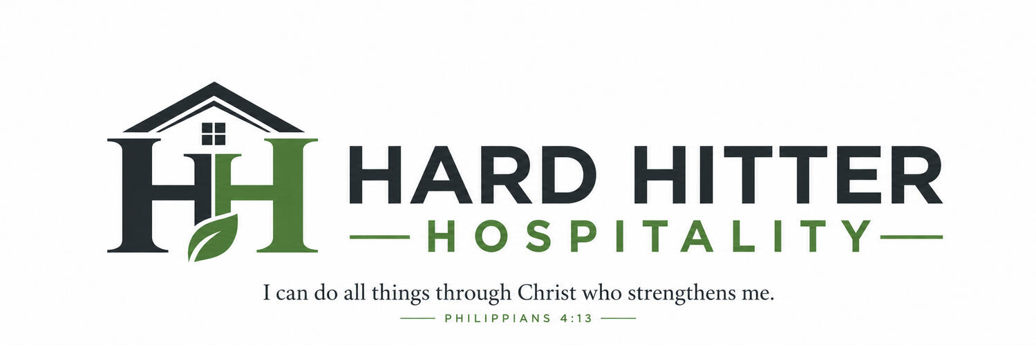 Hard Hitter Hospitality Logo Hard Hitter Hospitality logo featuring a modern HH design with a house roof and green leaf, representing lawn care and property services.