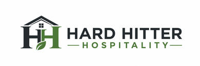 Hard Hitter Hospitality Logo Hard Hitter Hospitality logo featuring a modern HH design with a house roof and green leaf, representing lawn care and property services.