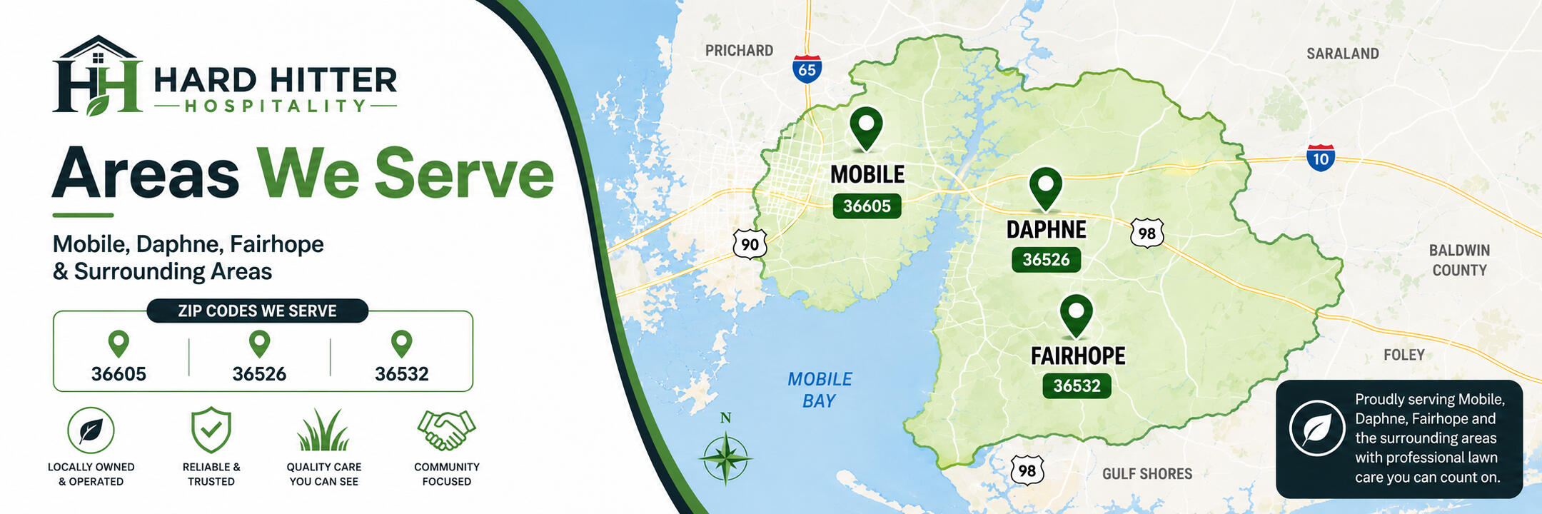 Hard Hitter Hospitality lawn care and property services map highlighting service areas across Mobile, Daphne, Fairhope, and surrounding areas with zip codes 36605, 36526, and 36532.